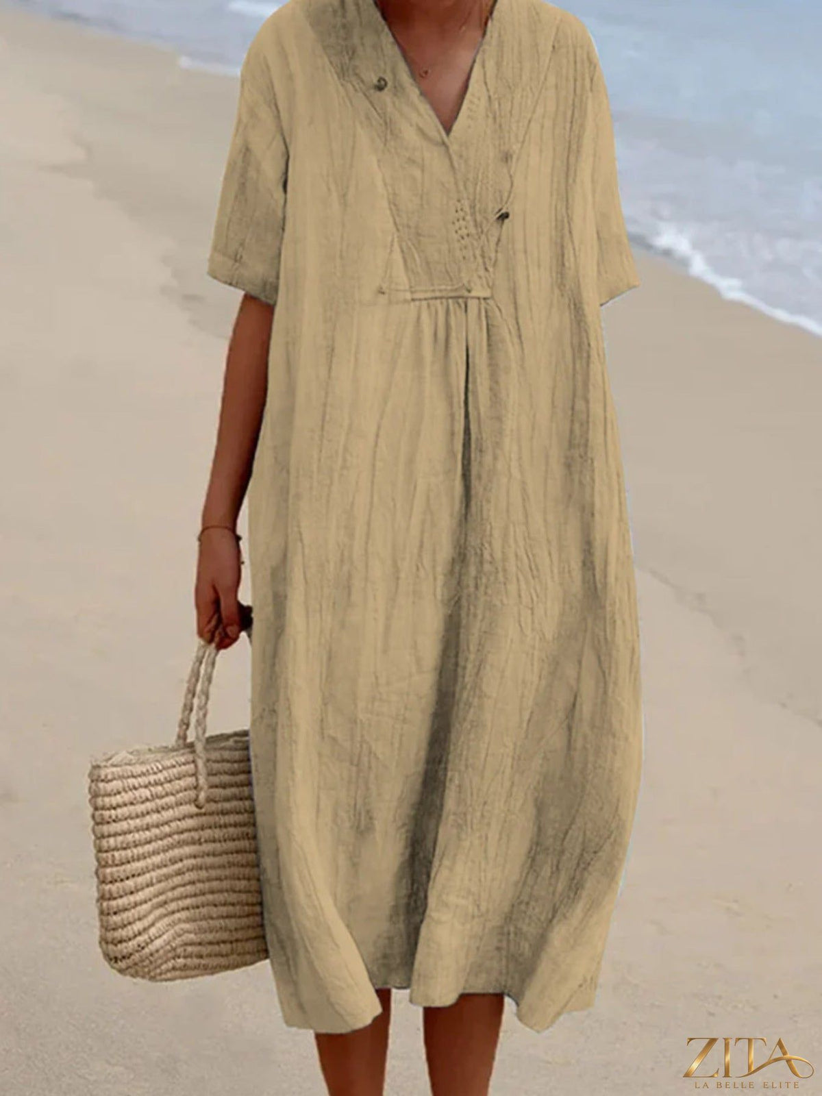 Zita La Belle Elite casual loose short sleeve midi dress in soft fabric, featuring a relaxed fit and simple design.