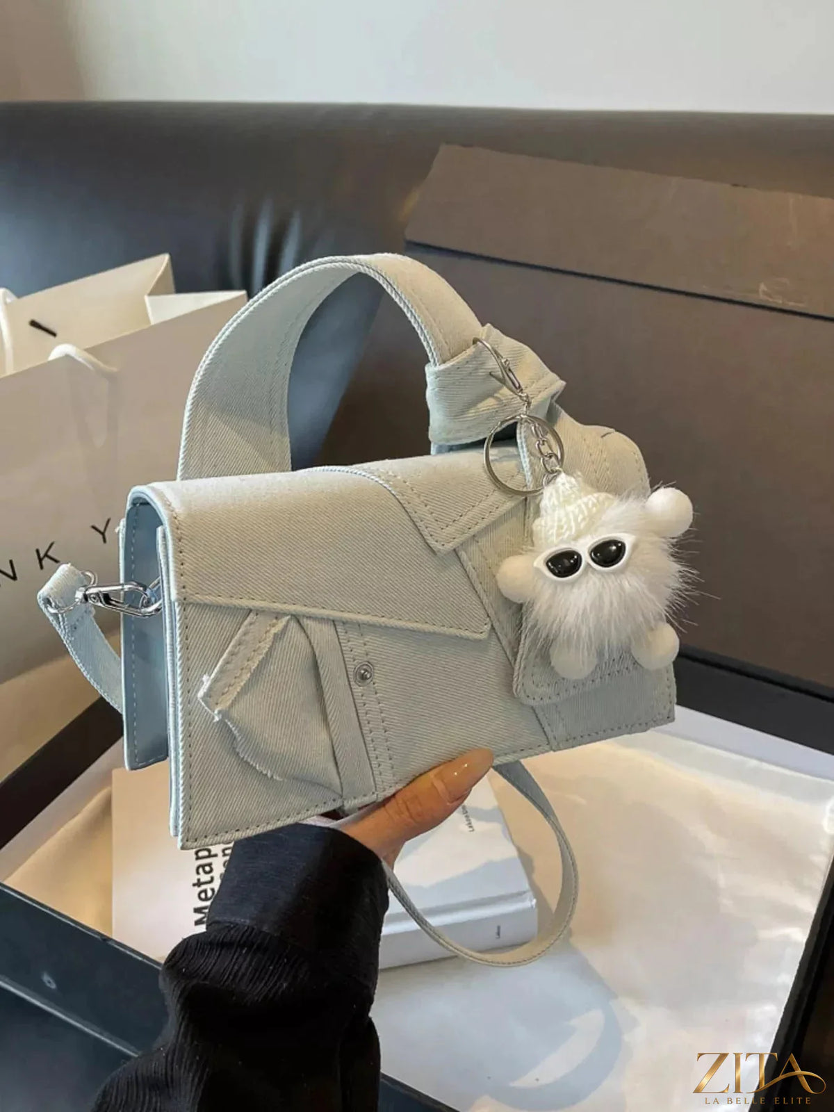 Zita La Belle Elite denim patchwork crossbody bag with mixed fabric patches and adjustable strap, casual and stylish accessory.