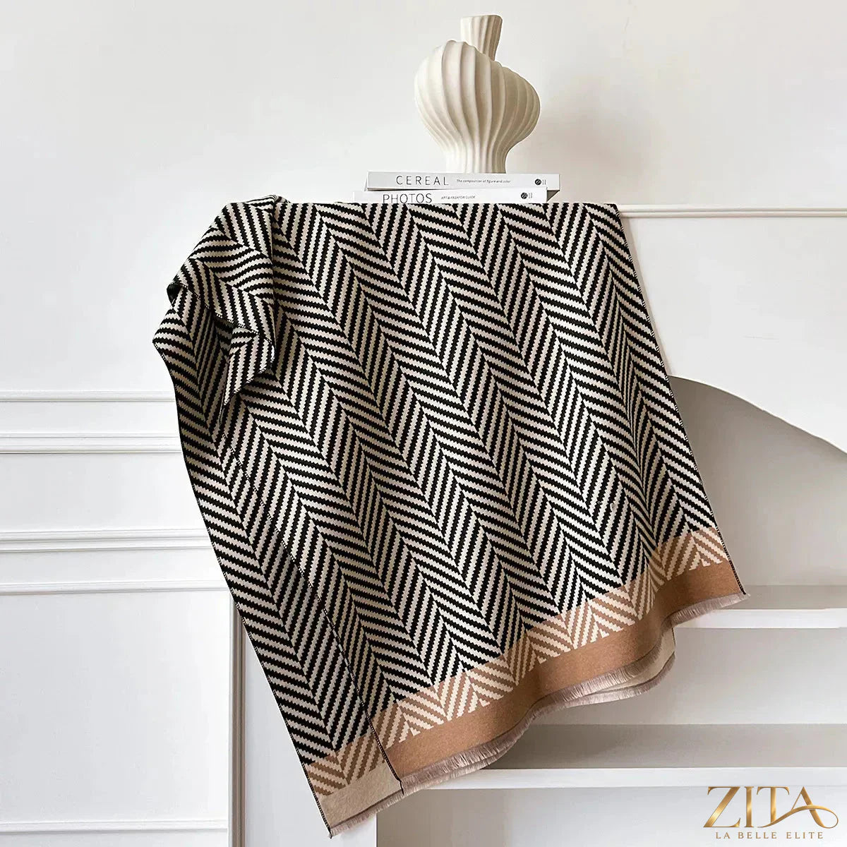 Zita La Belle Elite raw hem soft scarf in neutral tones, lightweight and cozy, draped to showcase its textured fabric and casual style.