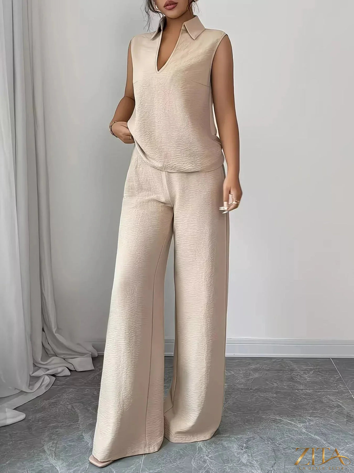 Zita La Belle Elite sleeveless top and wide-leg pants set in stylish, lightweight fabric, perfect for casual or semi-formal wear.