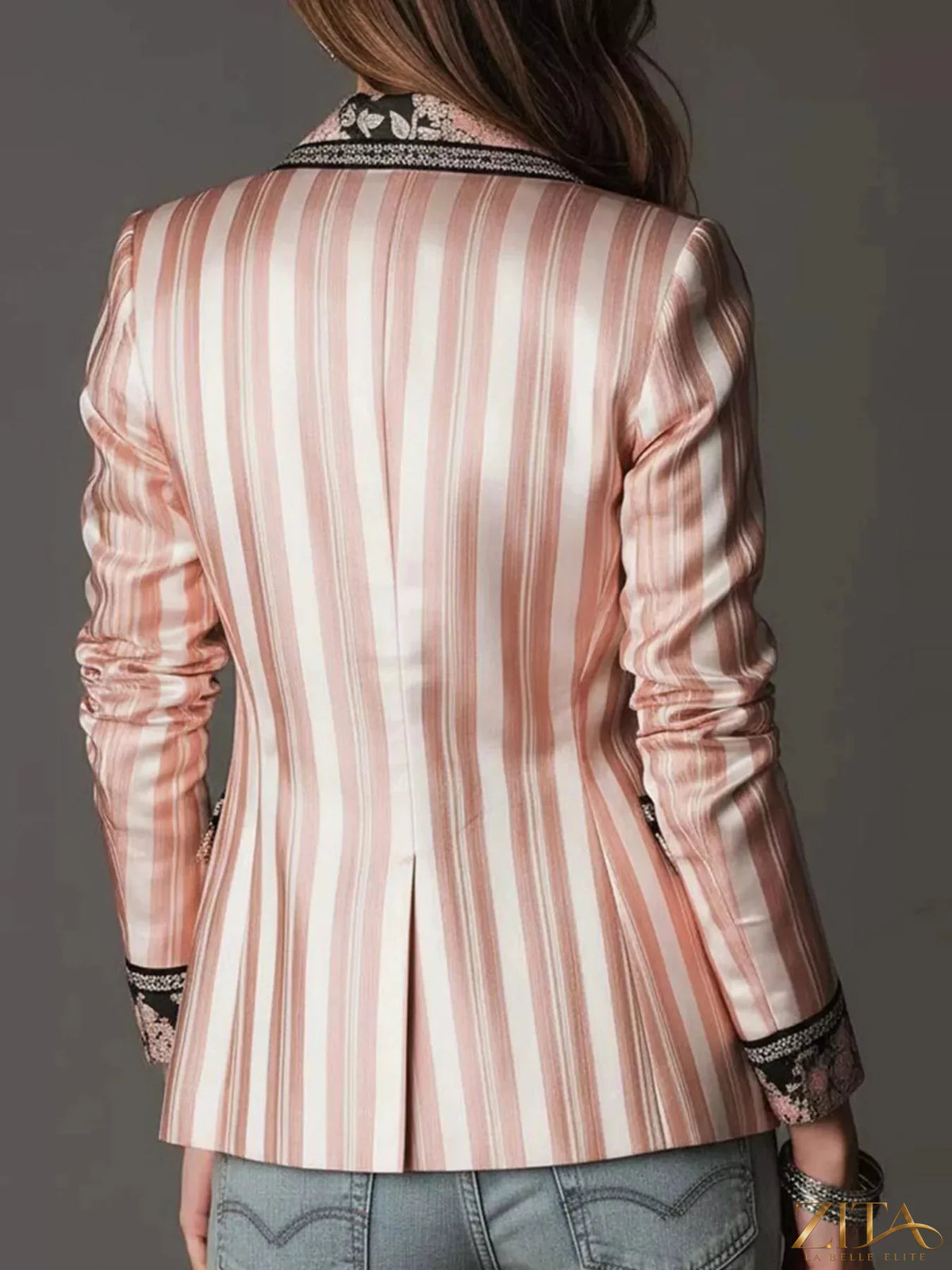 Zita La Belle Elite floral lapel collar striped blazer with tailored fit, featuring a stylish floral design on the lapel and classic stripes.