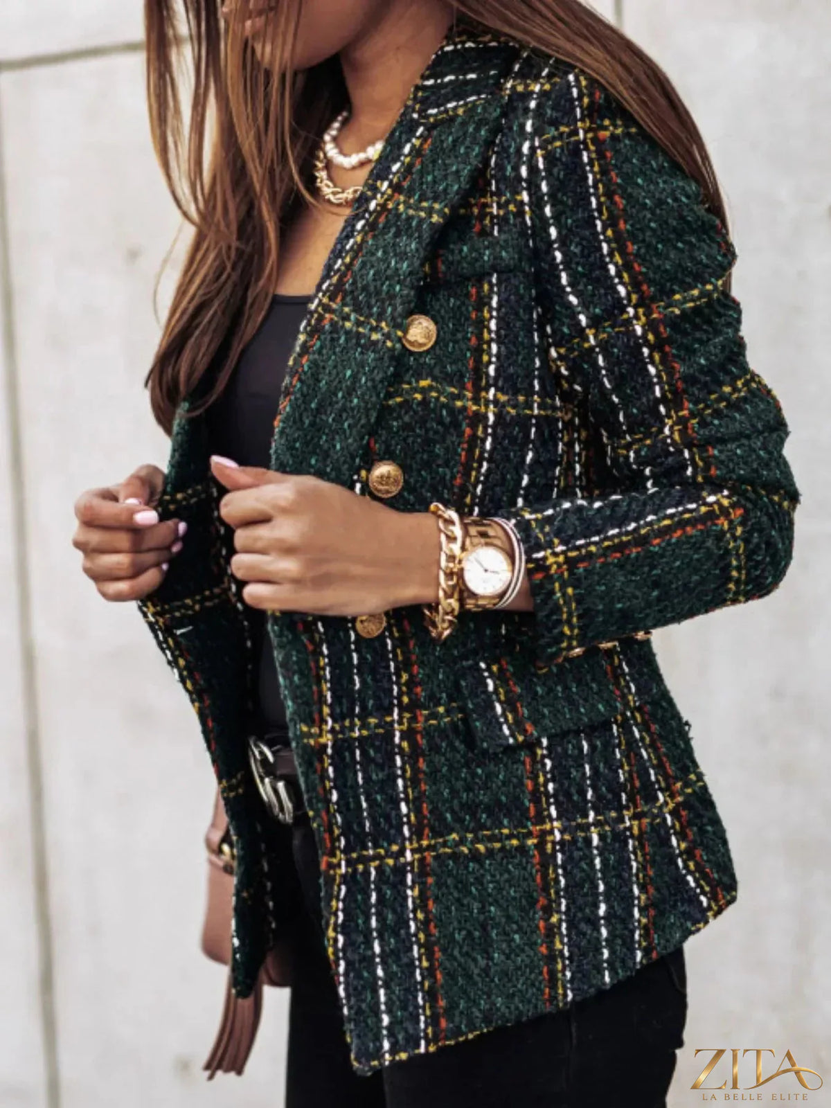 Plus size plaid tweed double-breasted blazer by Zita La Belle Elite, featuring a full-size fit and classic pattern.