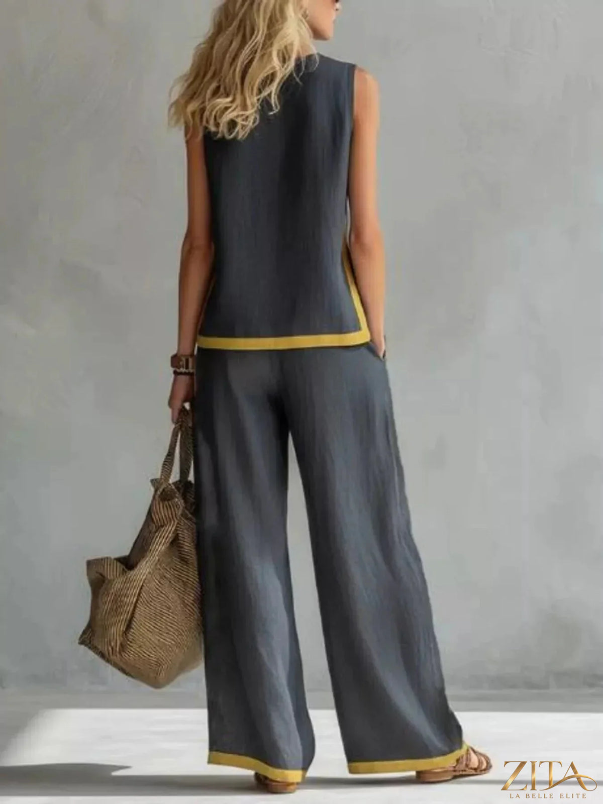 Plus size Zita La Belle Elite contrast stripe tank top and wide-leg pants set, featuring bold stripes and comfortable fit.