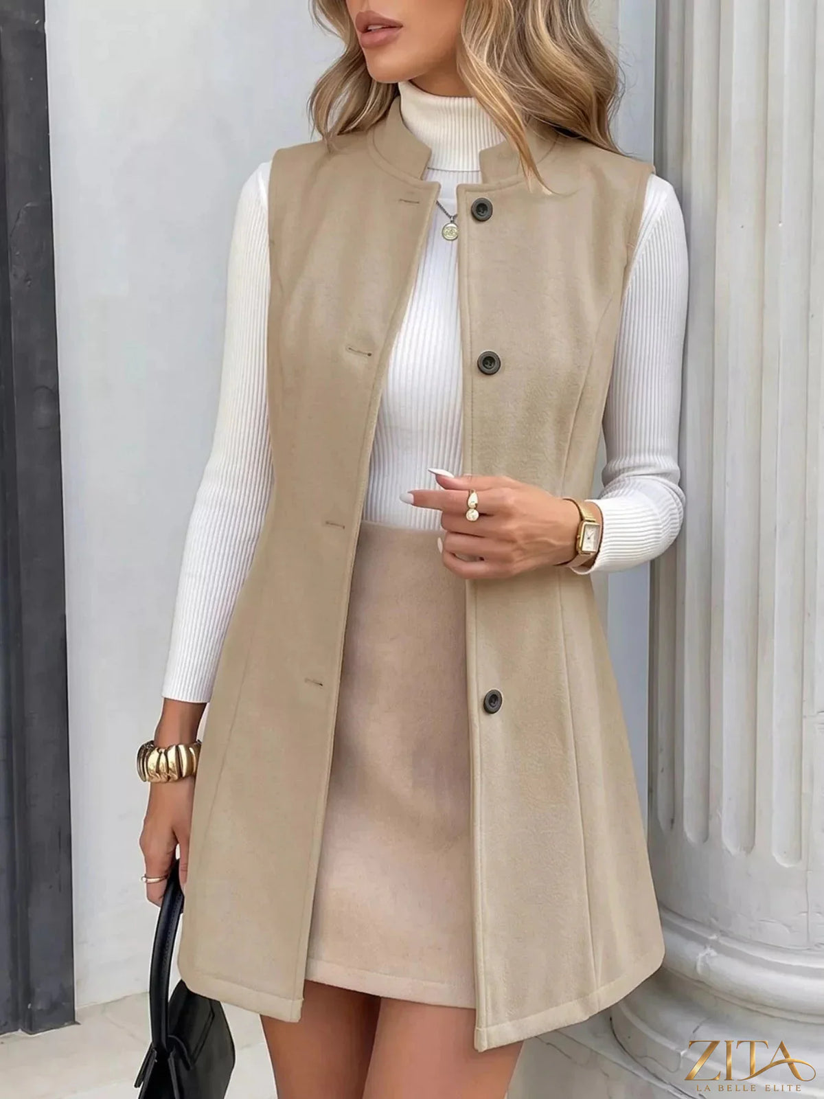 Zita La Belle Elite elegant button-down vest coat with tailored fit, featuring classic lapels and stylish design on a neutral background.