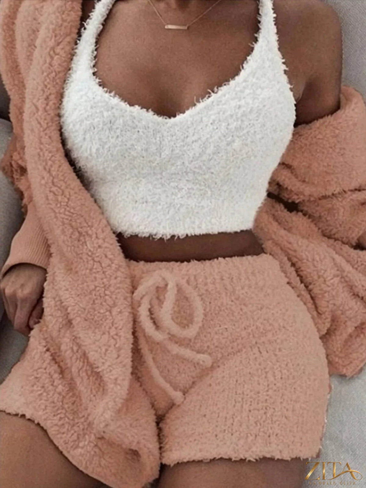Plus size fuzzy plush cardigan lounge set by Zita La Belle Elite, featuring a cozy, soft fabric and matching cardigan and pants.
