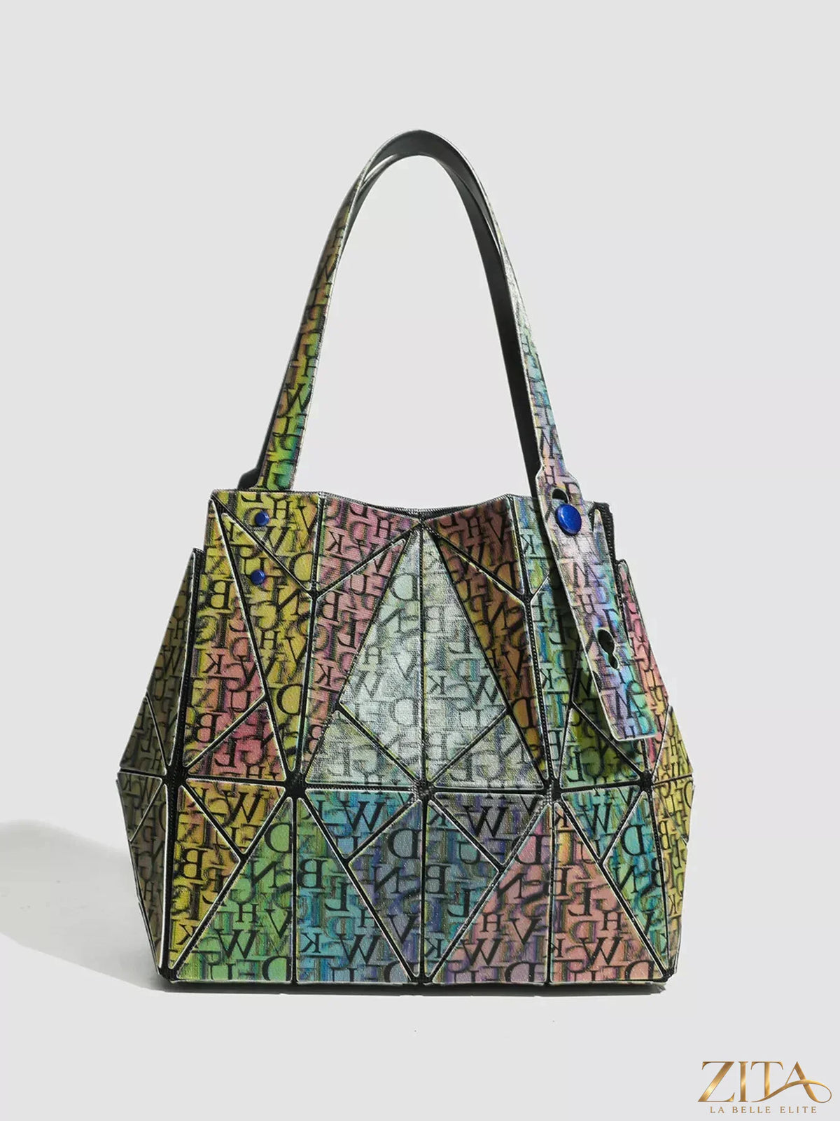 Iridescent geometric shoulder bag with a sleek design, featuring a metallic finish and a shoulder strap, by Zita La Belle Elite.