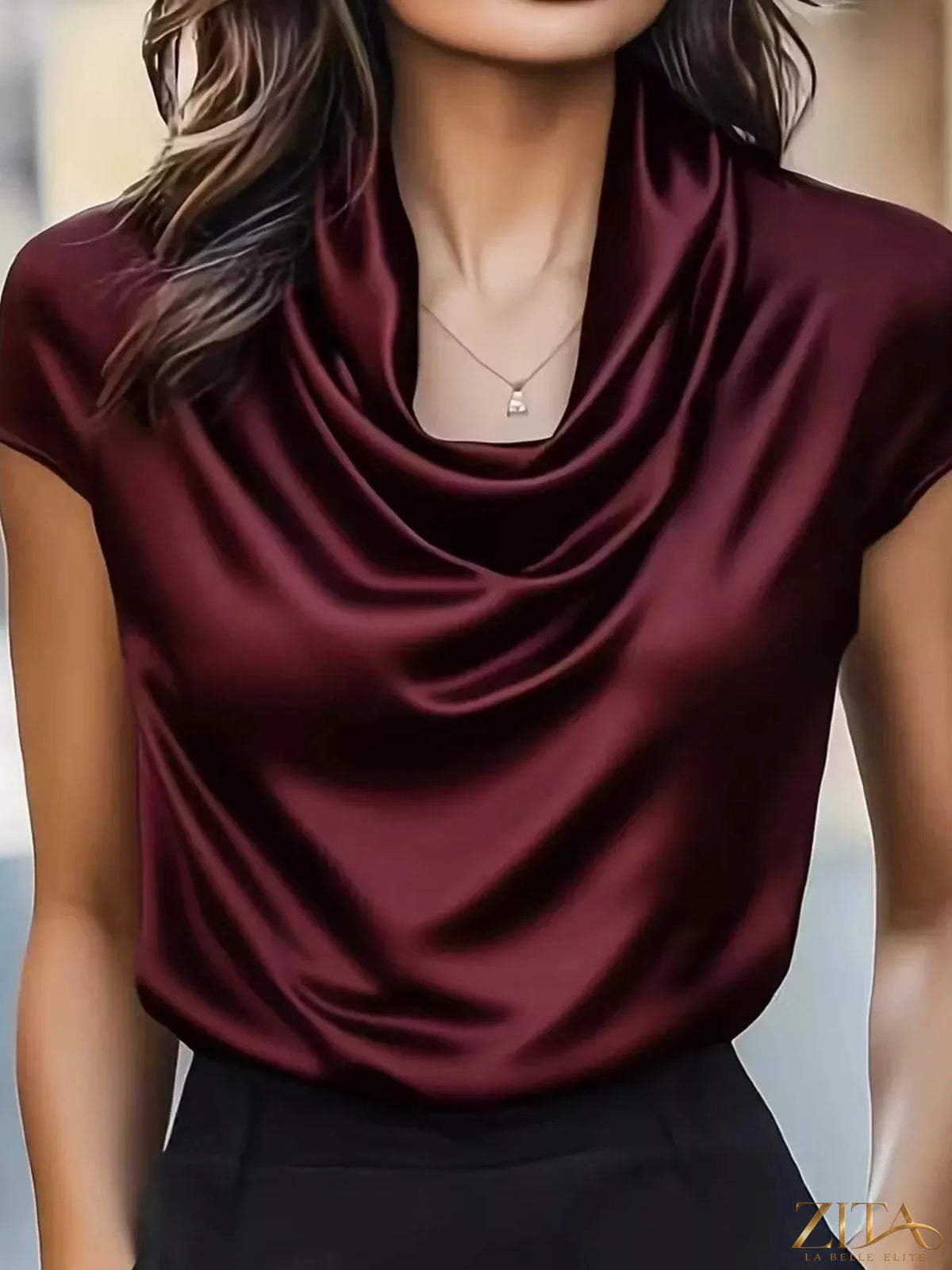 Zita La Belle Elite satin cowl neck blouse with long sleeves and elegant drape, stylish for formal or evening wear.