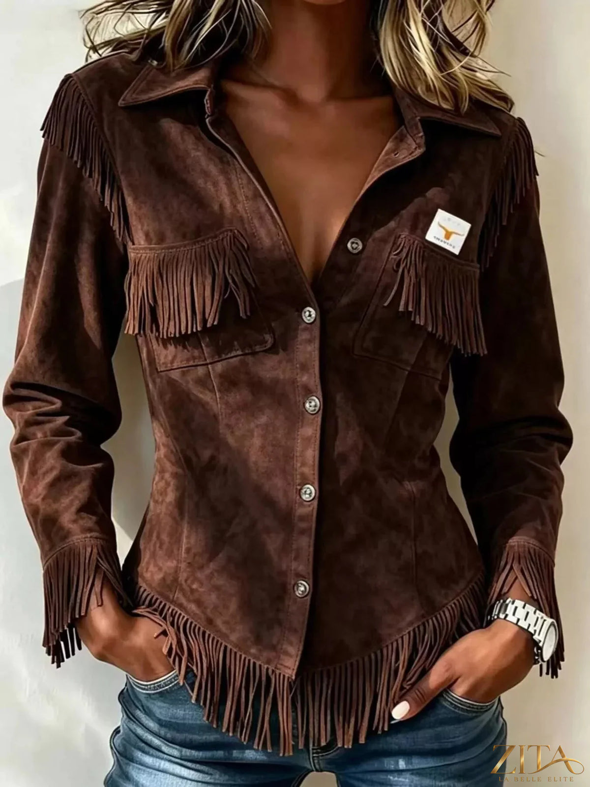 Plus size fringed snap down jacket from Trendsi, full-length with tassel details and a stylish, casual outerwear design.