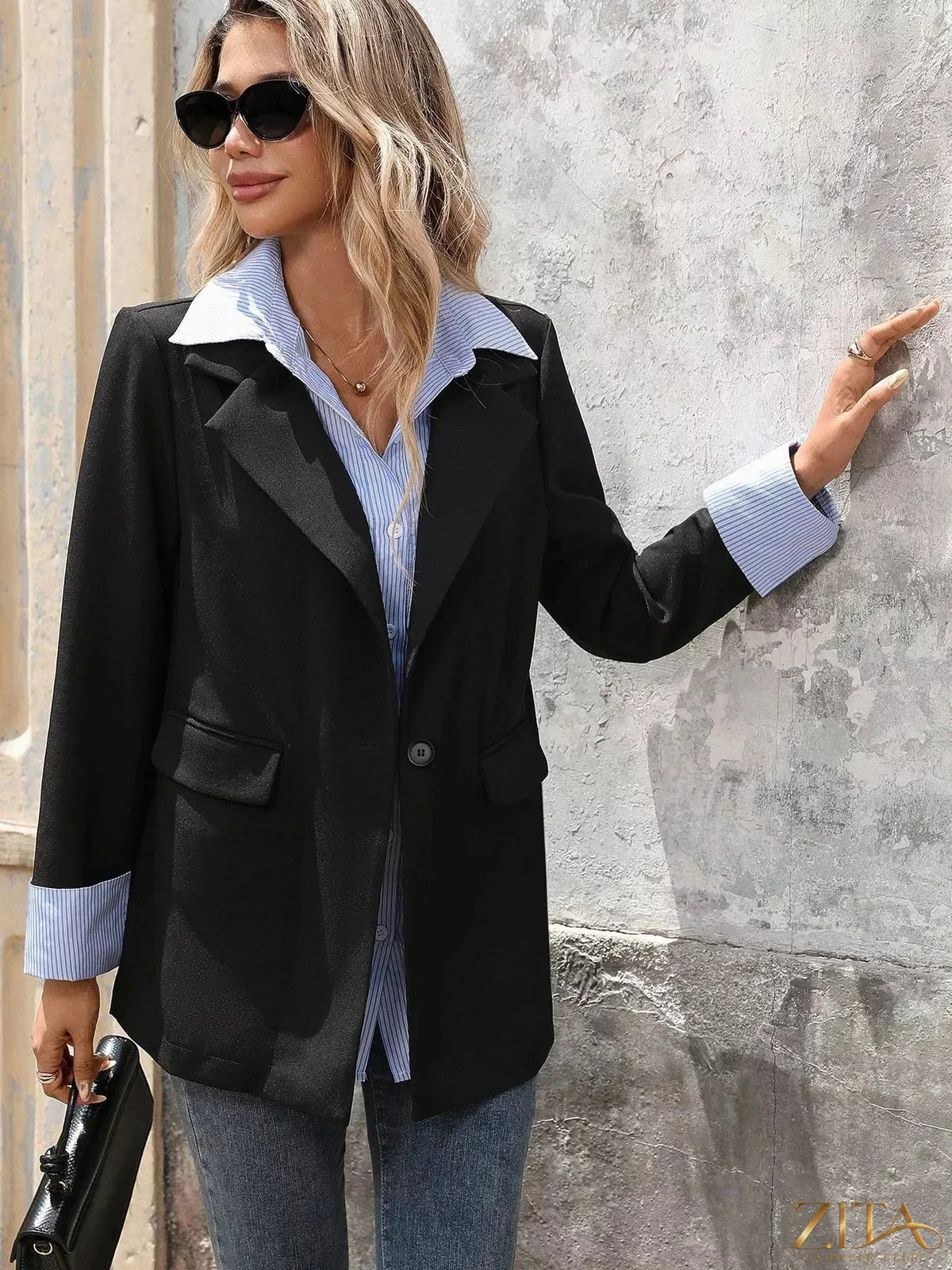 Zita La Belle Elite striped collar long sleeve fake two-piece blazer with a tailored fit and stylish design.