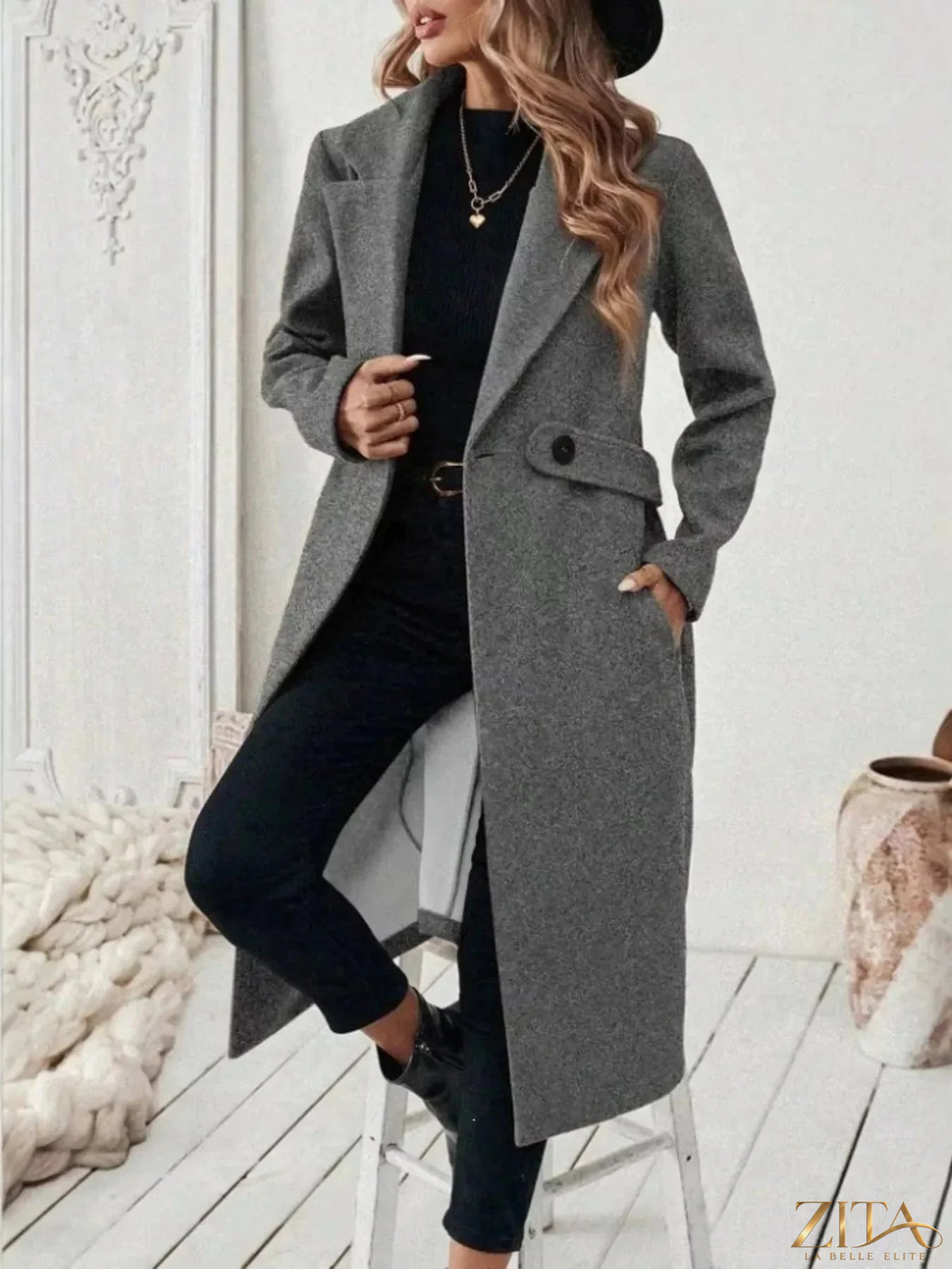 Plus size Zita La Belle Elite full size coat with lapel collar, belt, and pockets, featuring an elegant design and classic style.