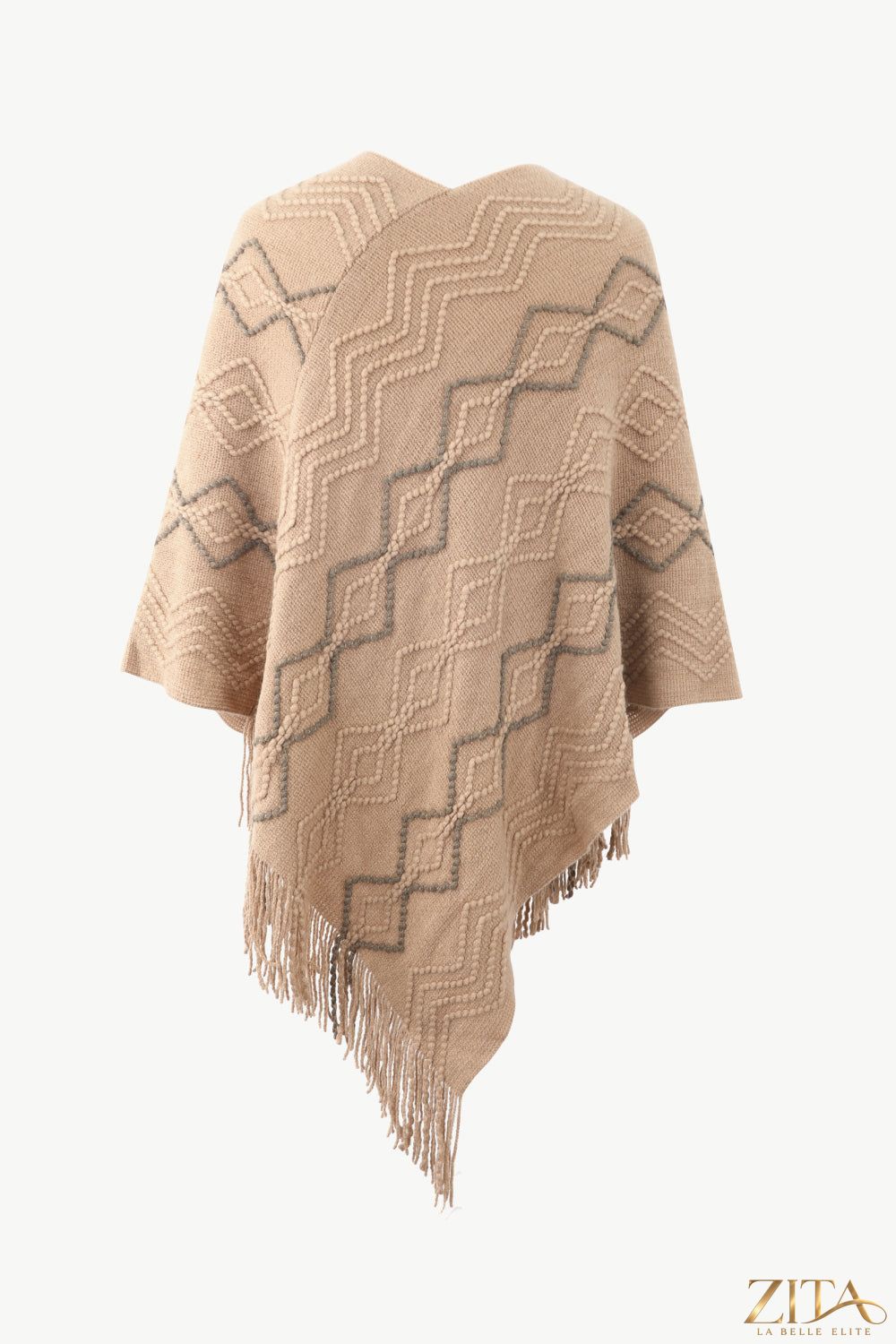 Pearl trim V-neck fringe hem poncho by Trendsi, featuring a flowing silhouette with decorative pearl accents and stylish fringe detailing.