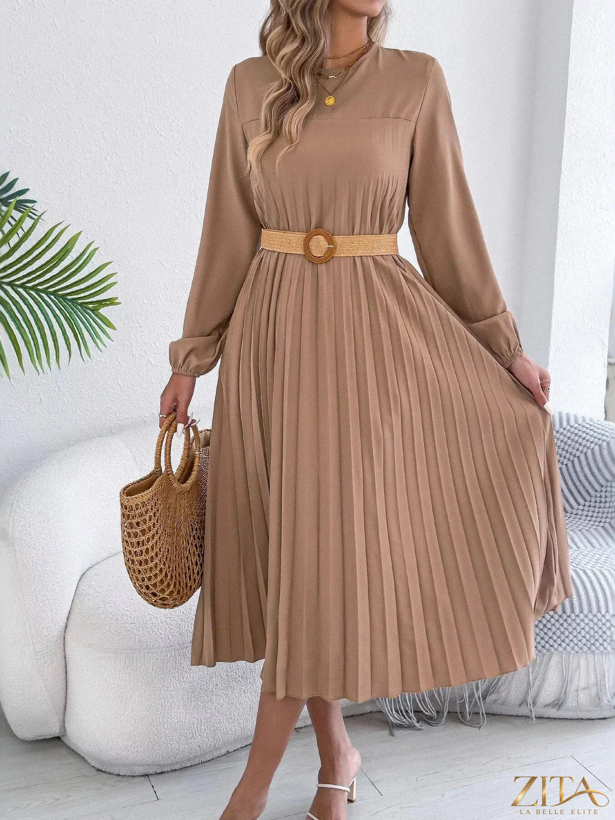 Zita La Belle Elite pleated A-line midi dress with a fitted bodice and flowing skirt, perfect for elegant occasions.
