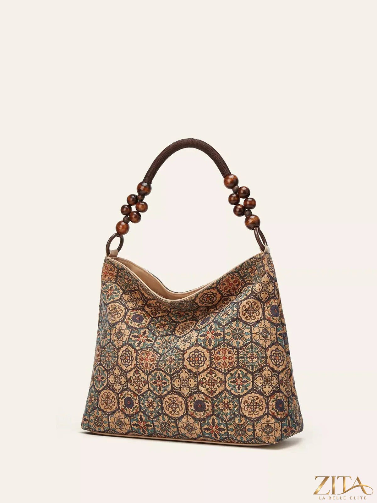 Zita La Belle Elite bohemian hobo handbag with geometric pattern, brown leather strap and colorful fabric body, stylish and spacious accessory.