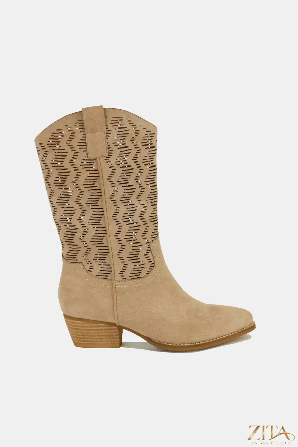 Zita La Belle Elite Beast Fashion faux suede block heel boots with laser cut detail and ankle height design.