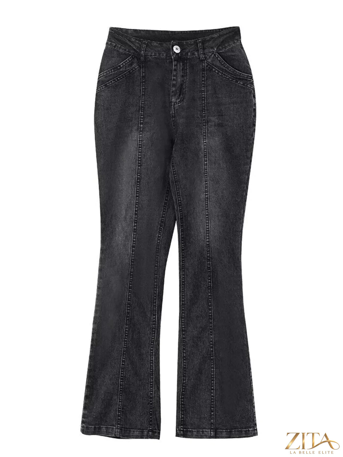 Zita La Belle Elite mid-rise bootcut jeans showing classic blue denim with a fitted waist and flared leg style.