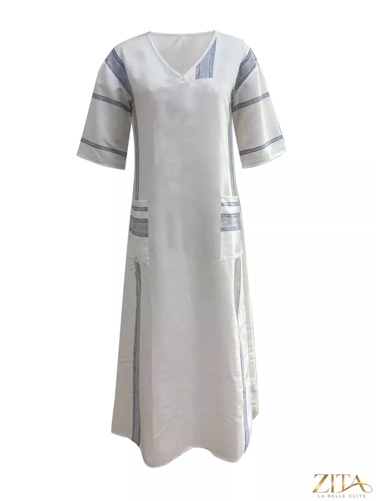 Zita La Belle Elite striped V-neck maxi dress with bold horizontal stripes, flowing fabric, and a relaxed fit.