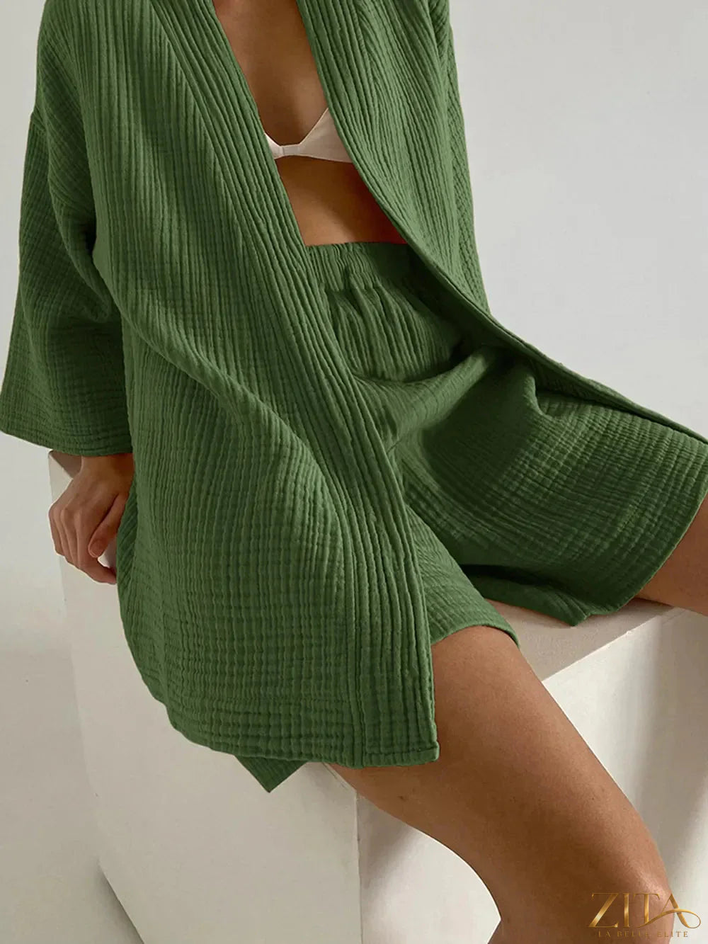 Zita La Belle Elite textured dropped shoulder cardigan and matching shorts set, featuring a cozy knit design.