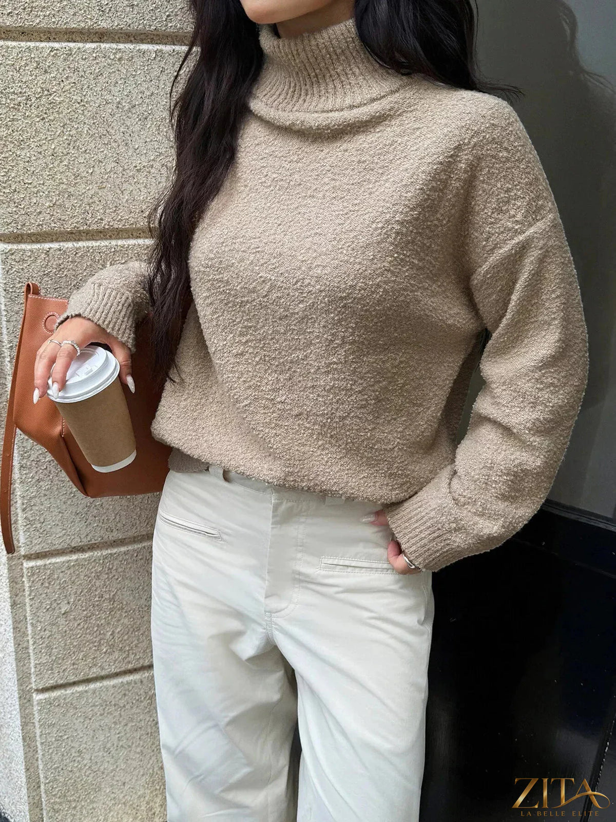 Zita La Belle Elite turtleneck long sleeve sweater in cozy knit fabric, shown in a neutral color with a fitted design.