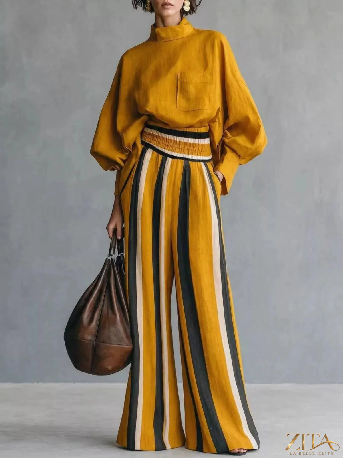 Plus size Trendsi full size mock neck top and striped wide-leg pants set, featuring a cozy mock neck and stylish wide-leg design.