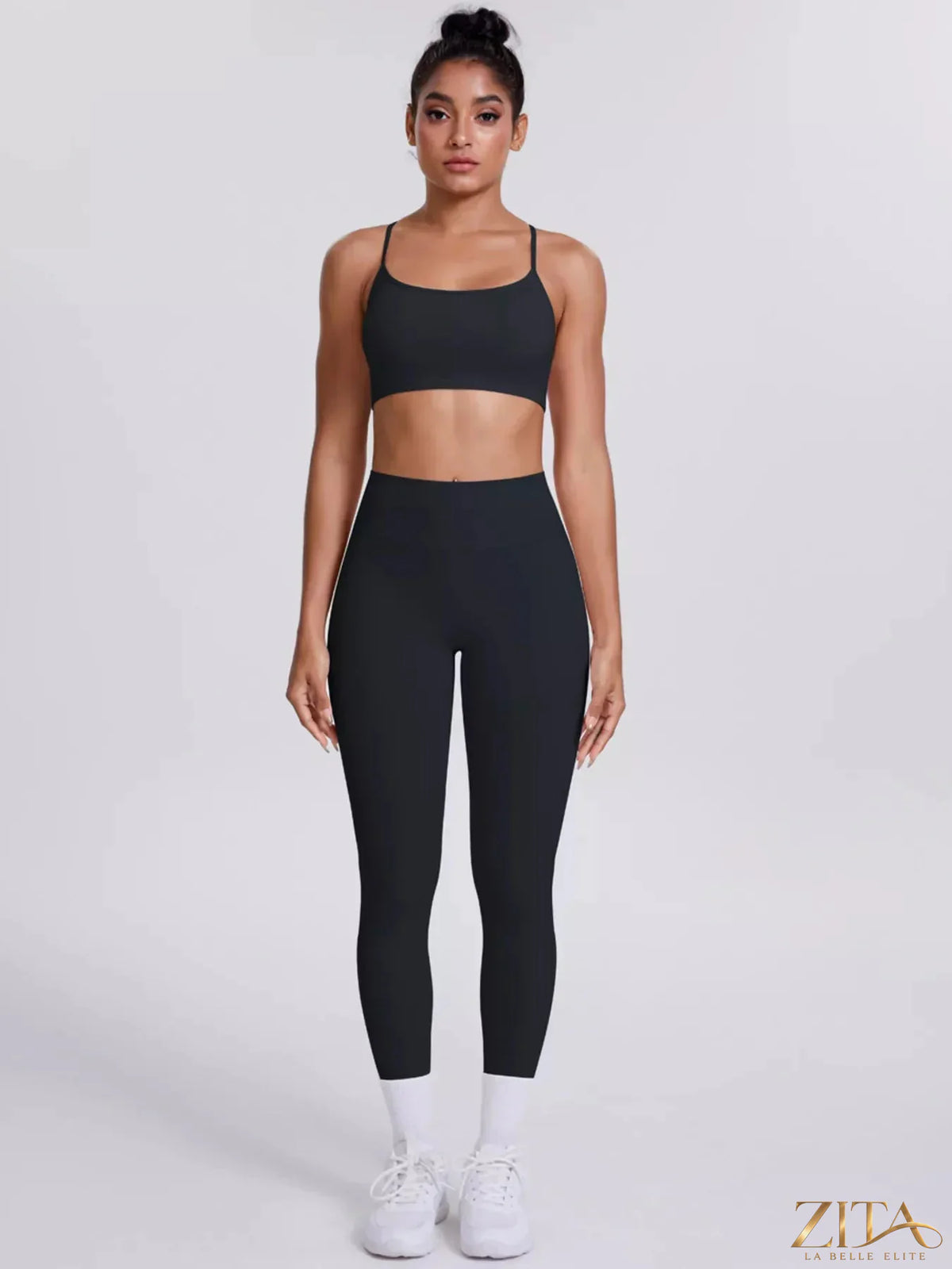 Zita La Belle Elite criss-cross back cami and matching leggings active set, shown in black, suitable for workout or casual wear.