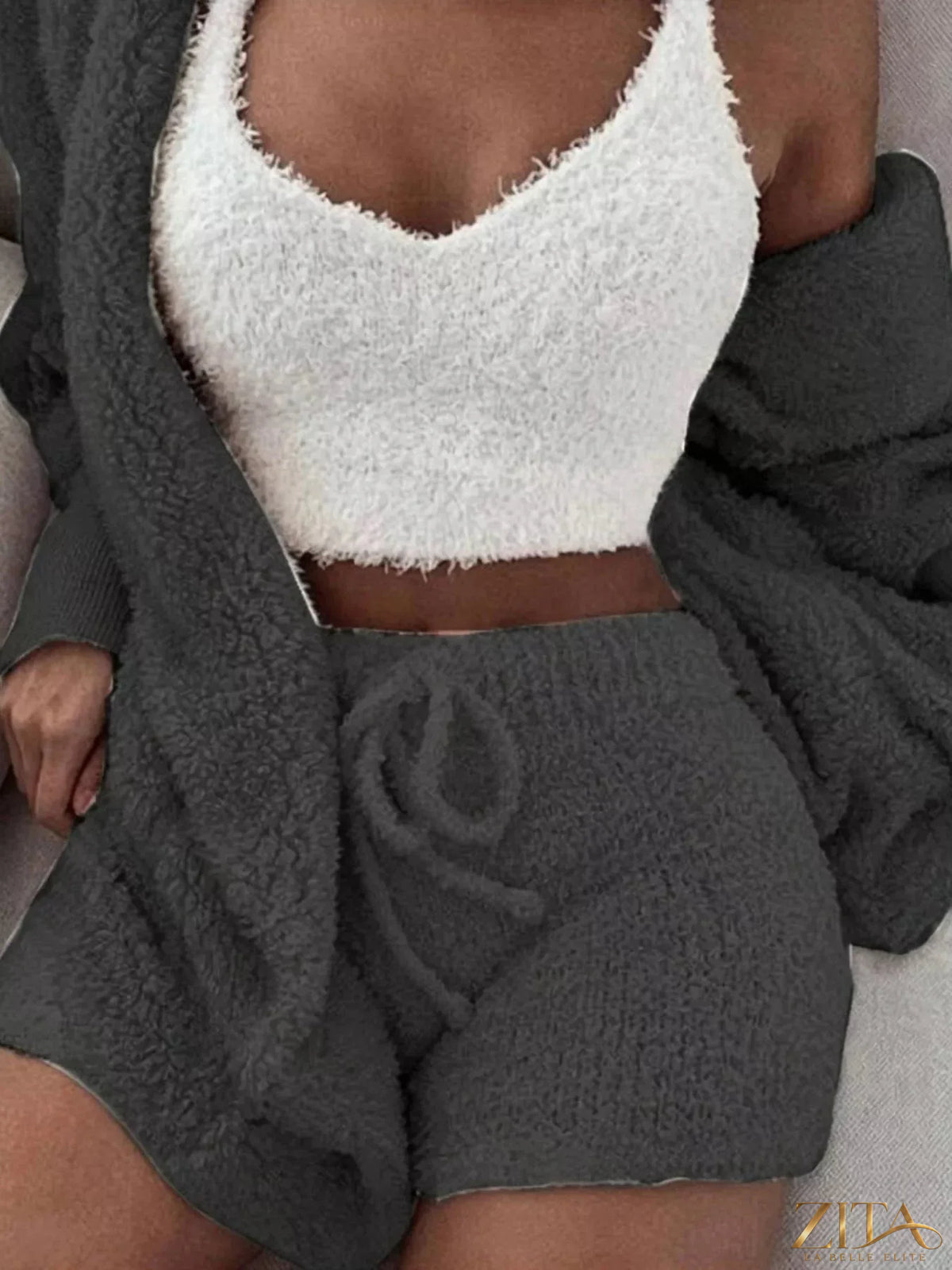 Plus size fuzzy plush cardigan lounge set by Zita La Belle Elite, featuring a cozy, soft fabric and relaxed fit in a three-piece design.