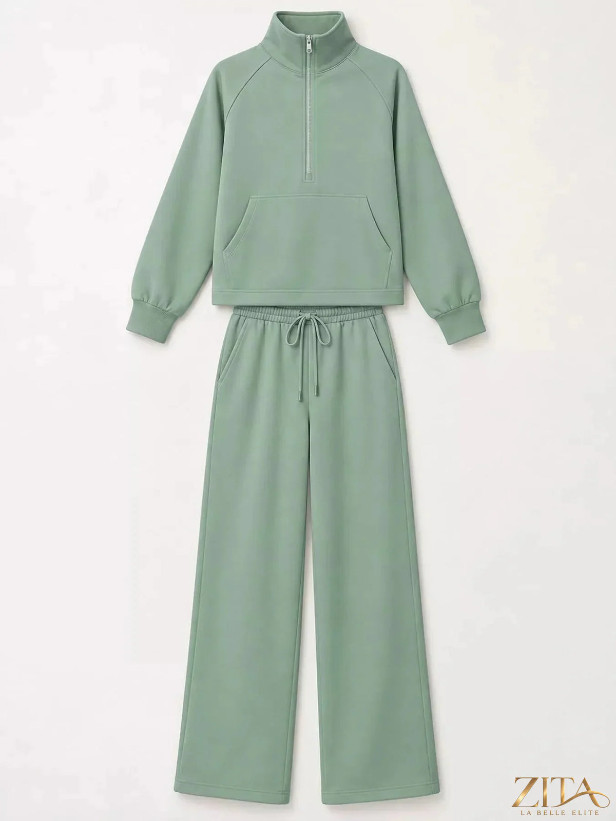 Zita La Belle Elite half-zip sweatshirt and wide-leg pants set in soft fabric, shown in a stylish relaxed fit.