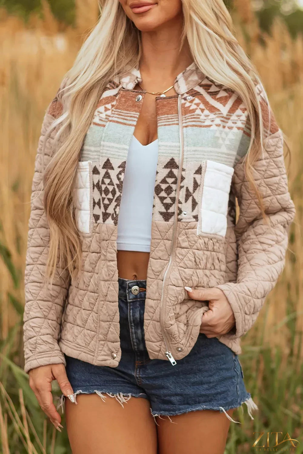 Zita La Belle Elite Aztec quilted patchwork Western jacket with intricate design and lightweight fabric, front view.