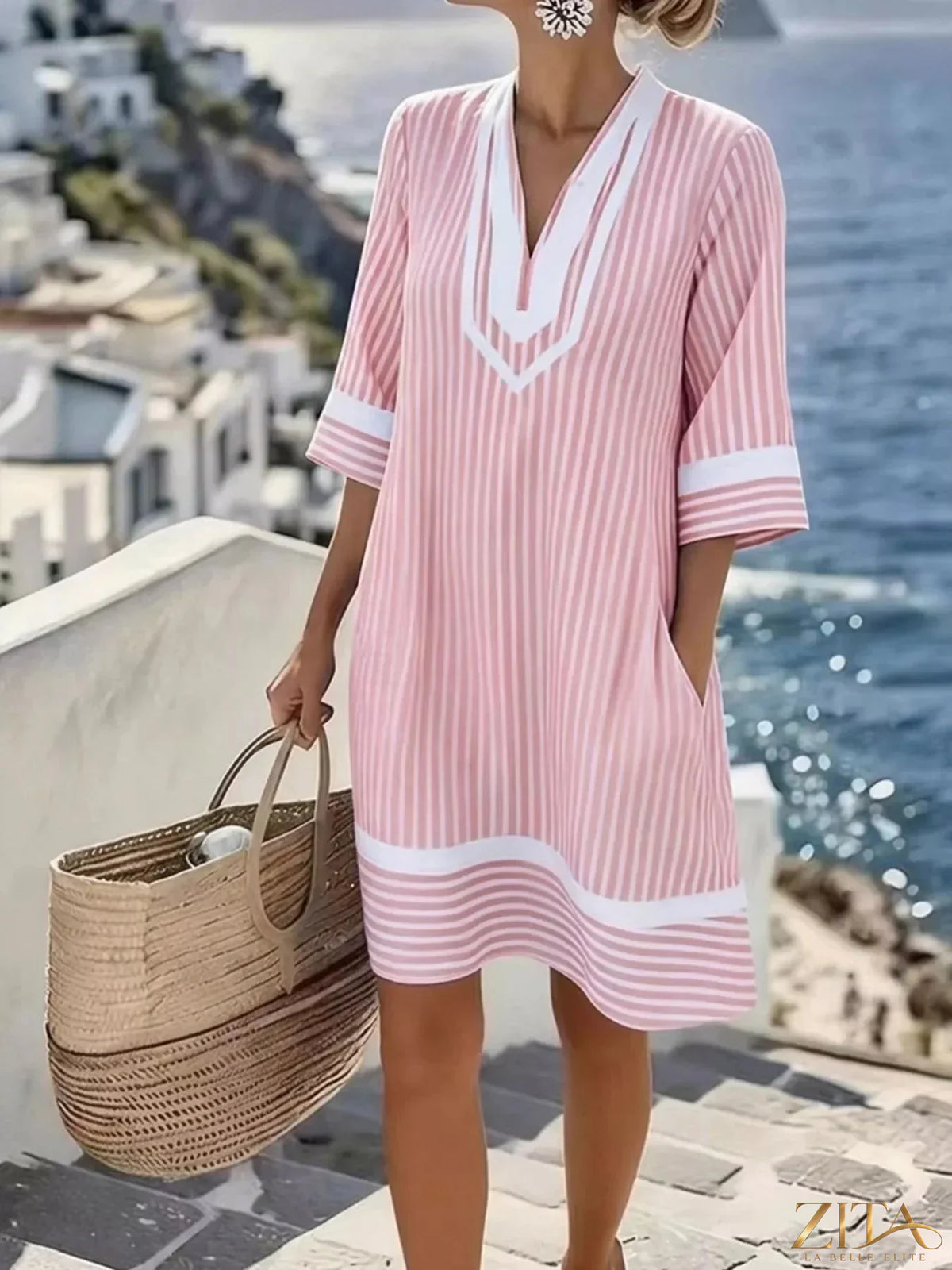 Plus size Zita La Belle Elite striped V-neck casual dress, full-length with a relaxed fit and bold horizontal stripes.
