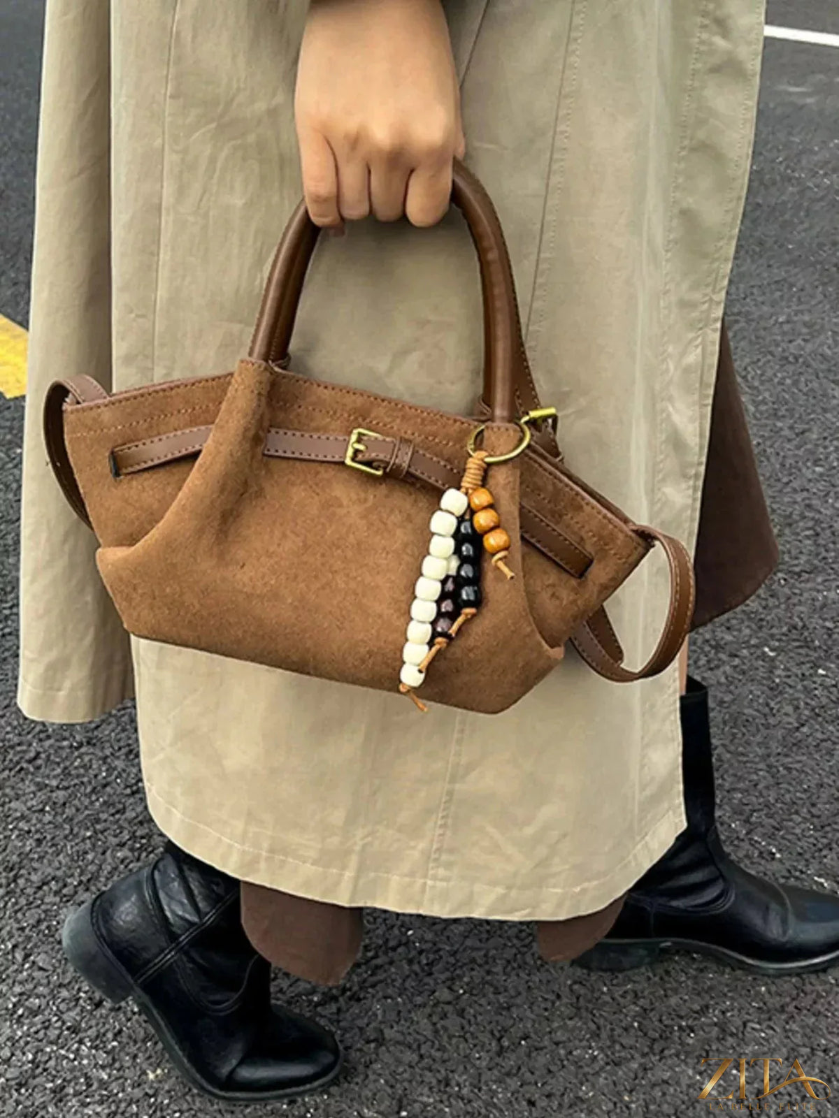 Zita La Belle Elite Buckle Decor Tote Bag with stylish buckle details and spacious interior, black leather-like material.