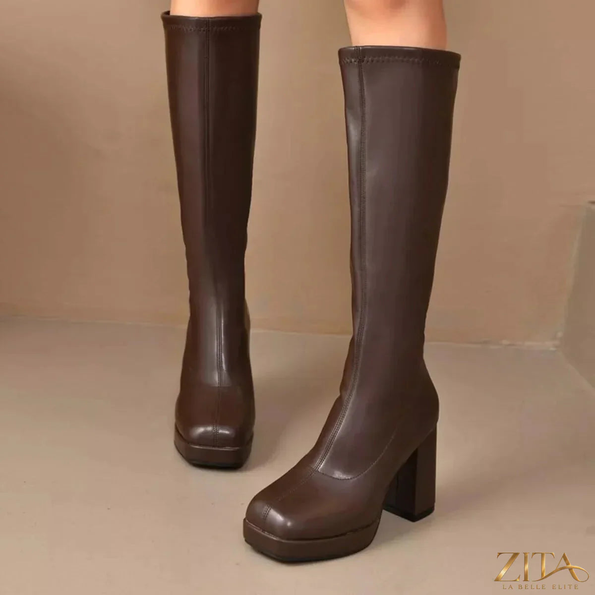 Zita La Belle Elite square toe block heel boots in black leather, featuring a sleek design and sturdy block heel for stylish comfort.