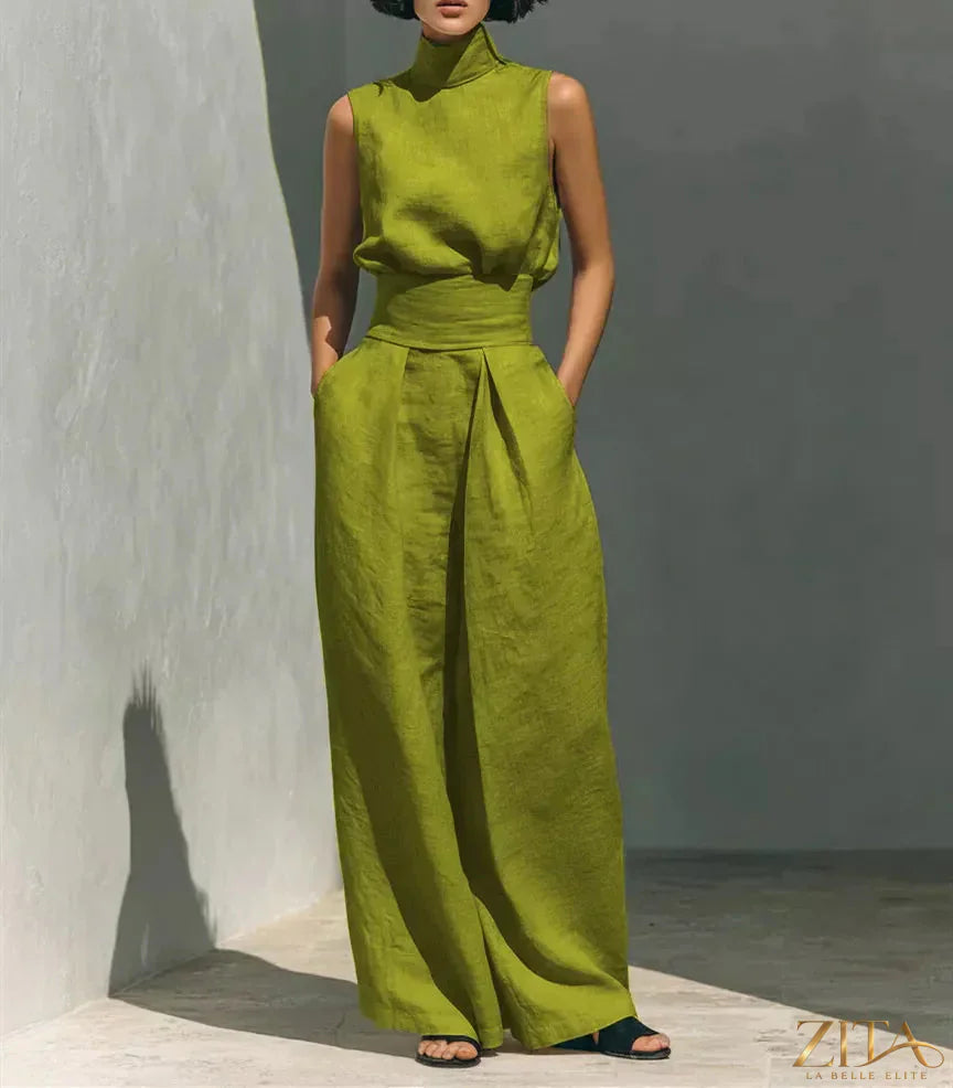 Plus size Zita La Belle Elite turtleneck sleeveless top with wide-leg pants set, featuring a stylish, comfortable fit and modern design.