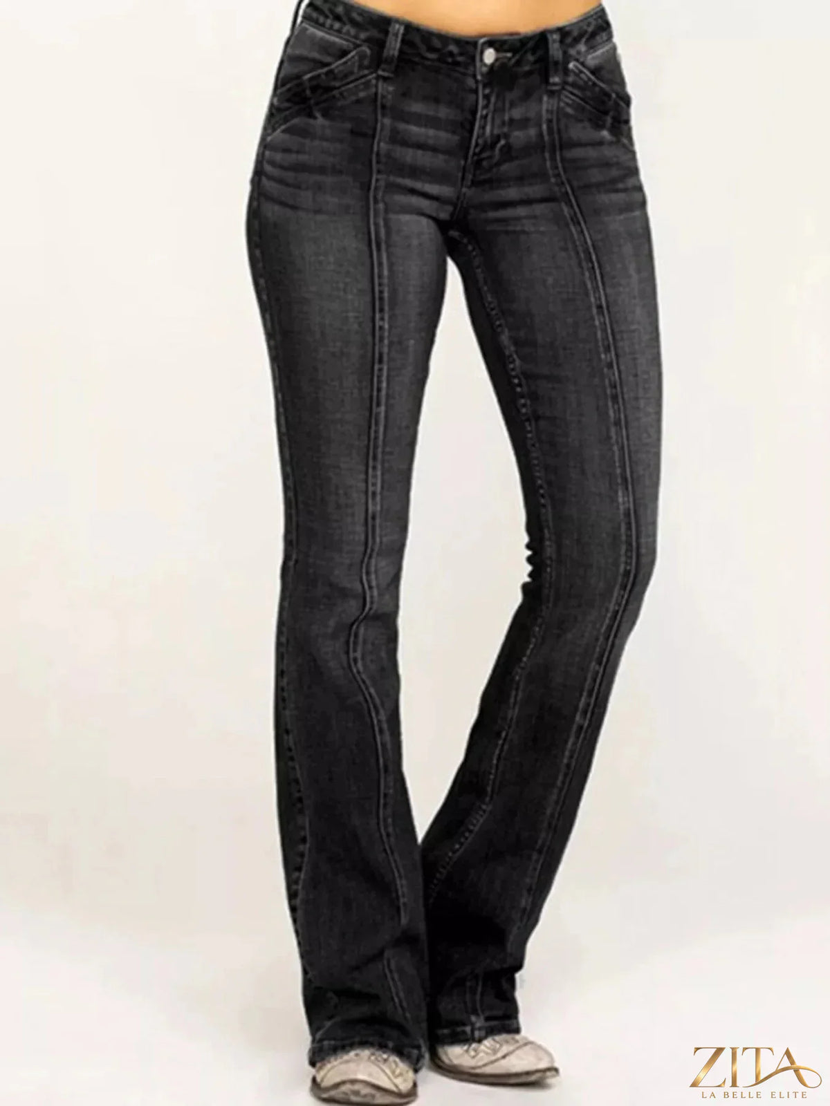 Zita La Belle Elite mid-rise bootcut jeans featuring classic denim fabric, fitted through hips and flaring at the hem.