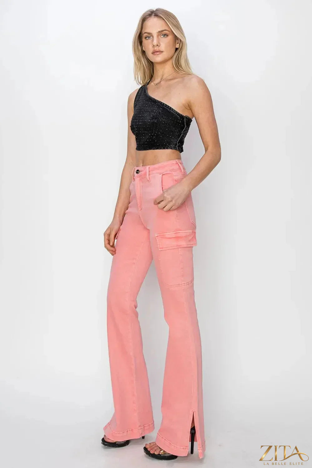 Zita La Belle Elite RISEN high-rise cargo bootcut jeans with side slits, full size, dark wash, and classic denim style.