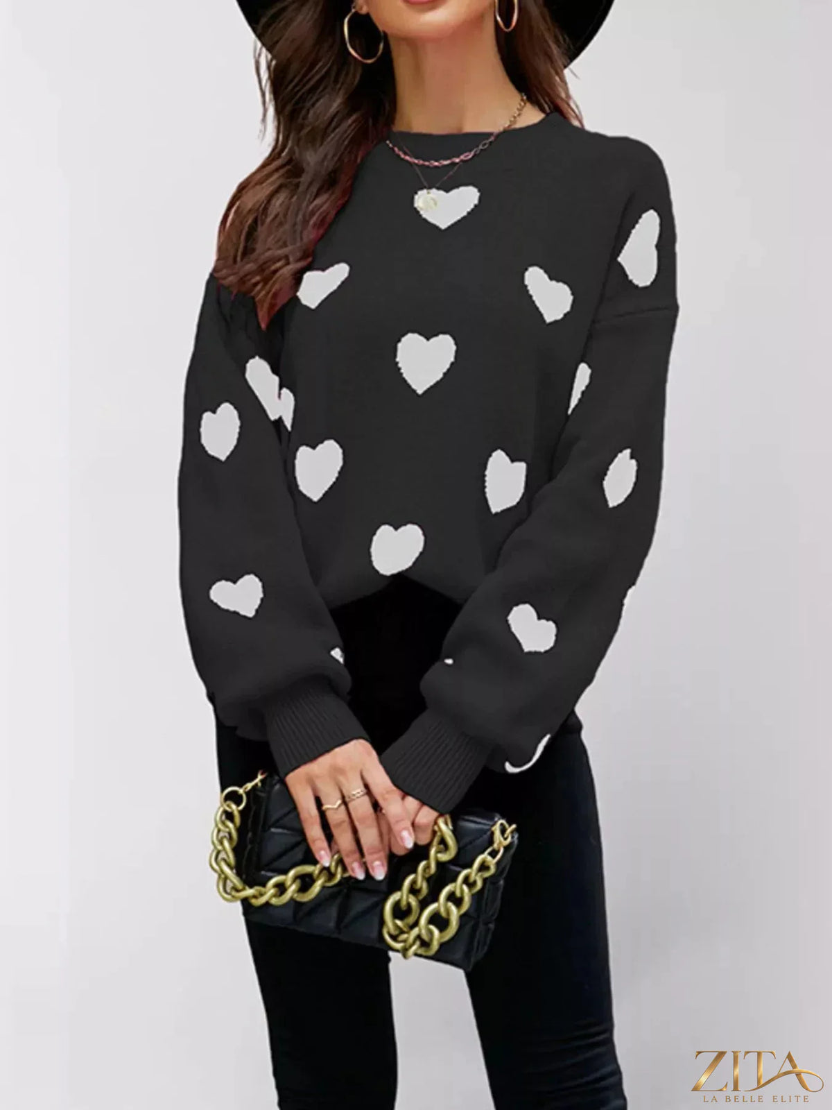 Zita La Belle Elite heart-patterned dropped shoulder sweater with cozy knit fabric and relaxed fit, featuring a stylish heart design.