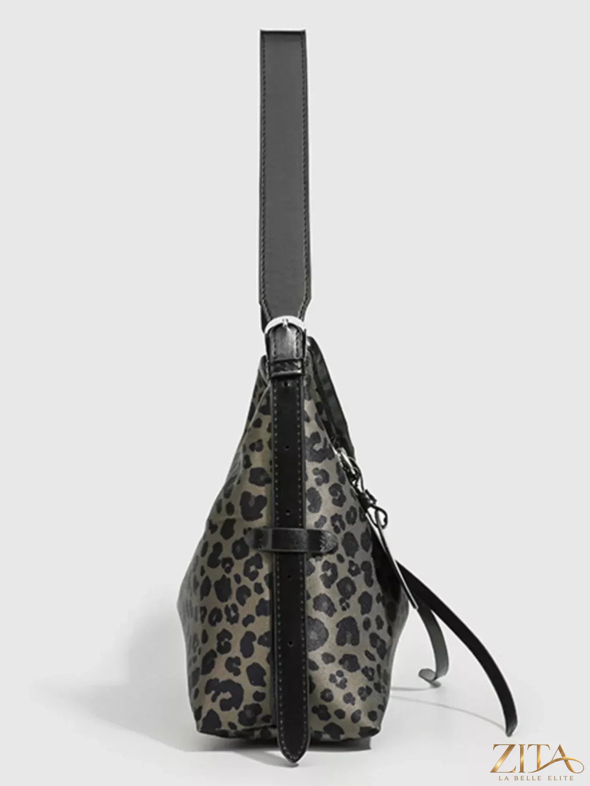 Leopard print Zita La Belle Elite hobo shoulder bag with a slouchy design and adjustable strap, featuring a stylish animal pattern.