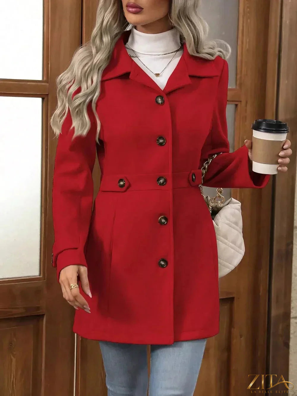 Zita La Belle Elite collared neck button-up coat in dark fabric, front view showing buttons and tailored design