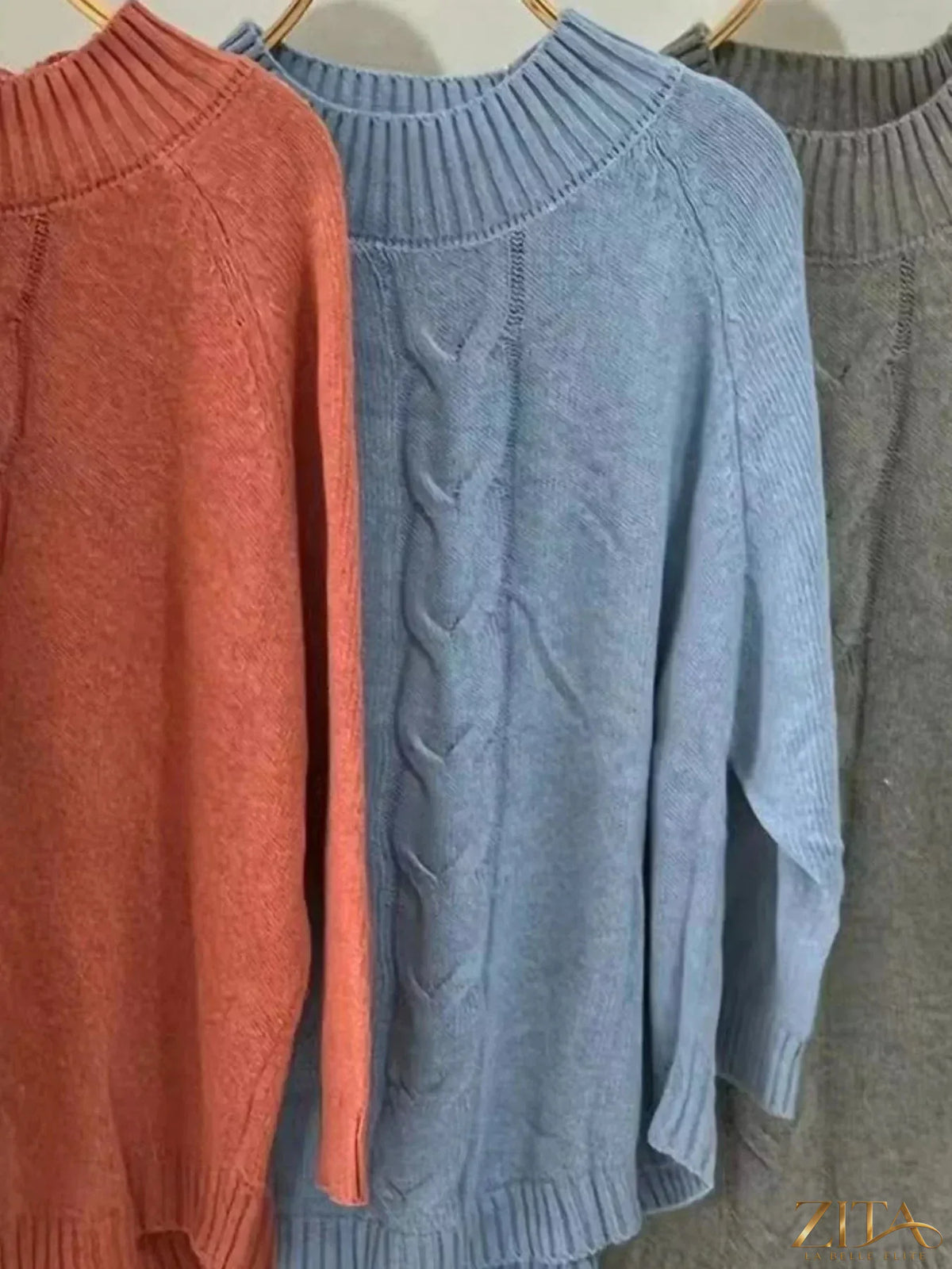 Zita La Belle Elite cable-knit long sleeve sweater in cozy, textured knit with a classic fit and ribbed collar.