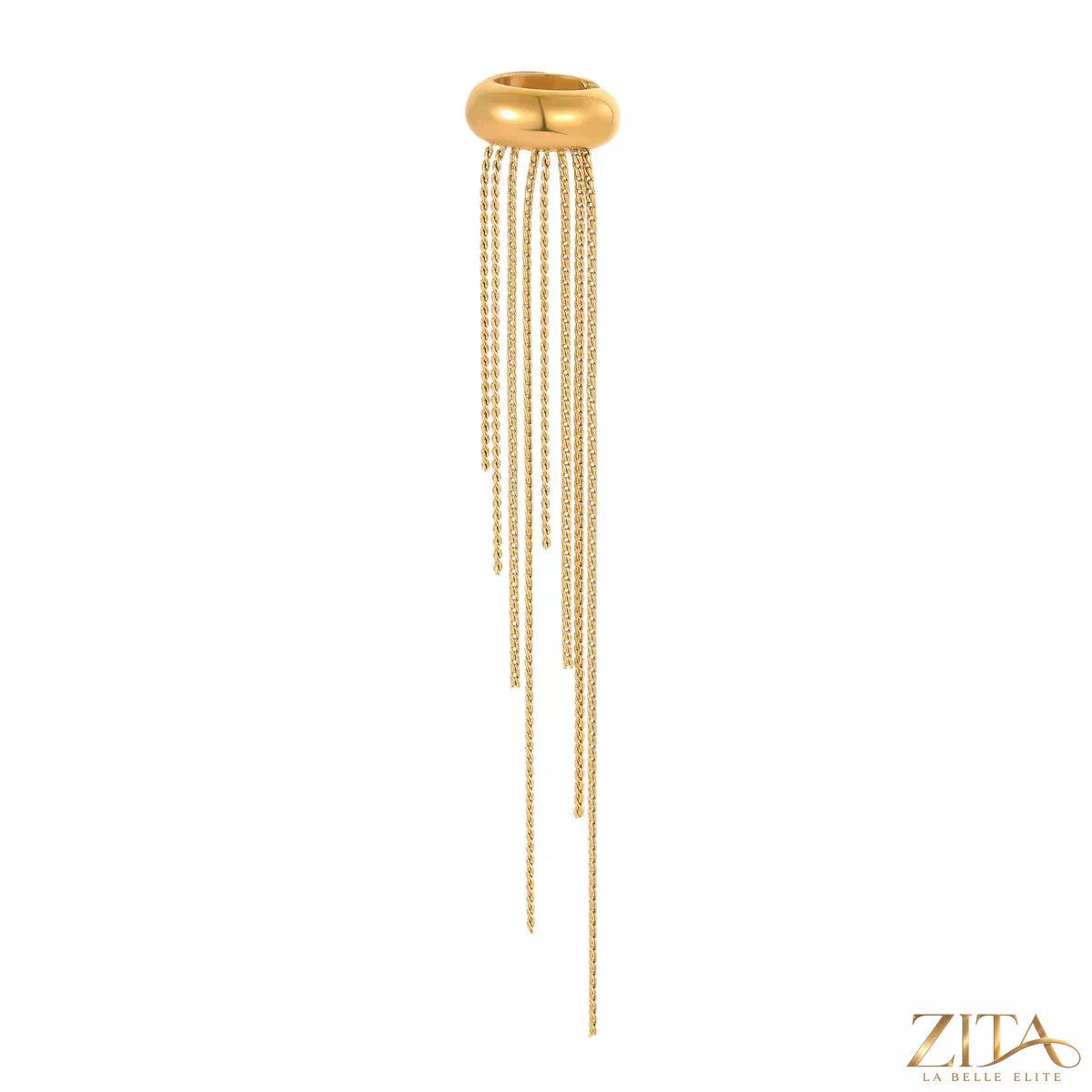 18K gold-plated tassel ear cuff earrings by Zita La Belle Elite, featuring delicate dangling tassels and a sleek, modern design.