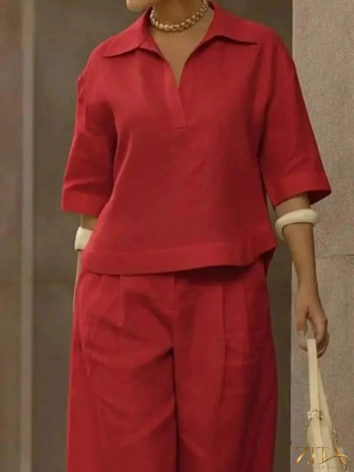 Zita La Belle Elite plus size two-piece set featuring a full size 3/4 sleeve top and wide-leg pants, stylish and comfortable.