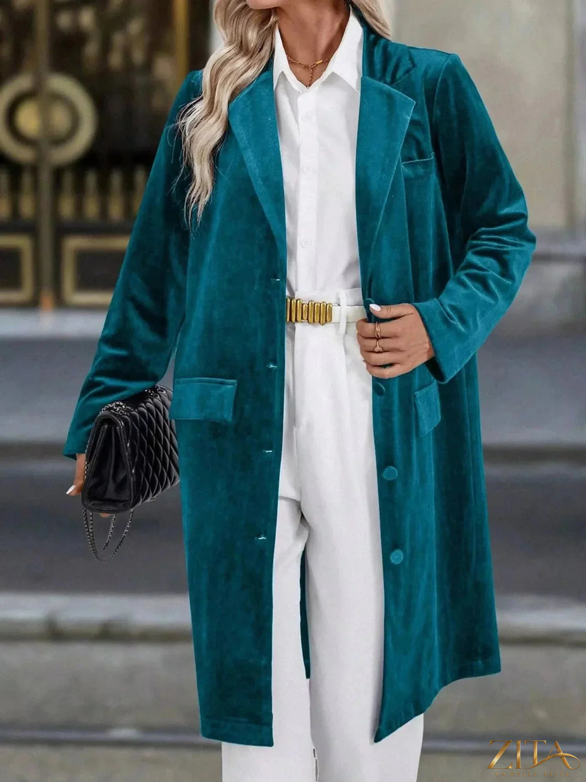 Zita La Belle Elite longline coat with lapel collar and long sleeves, stylish outerwear for sophisticated winter fashion.