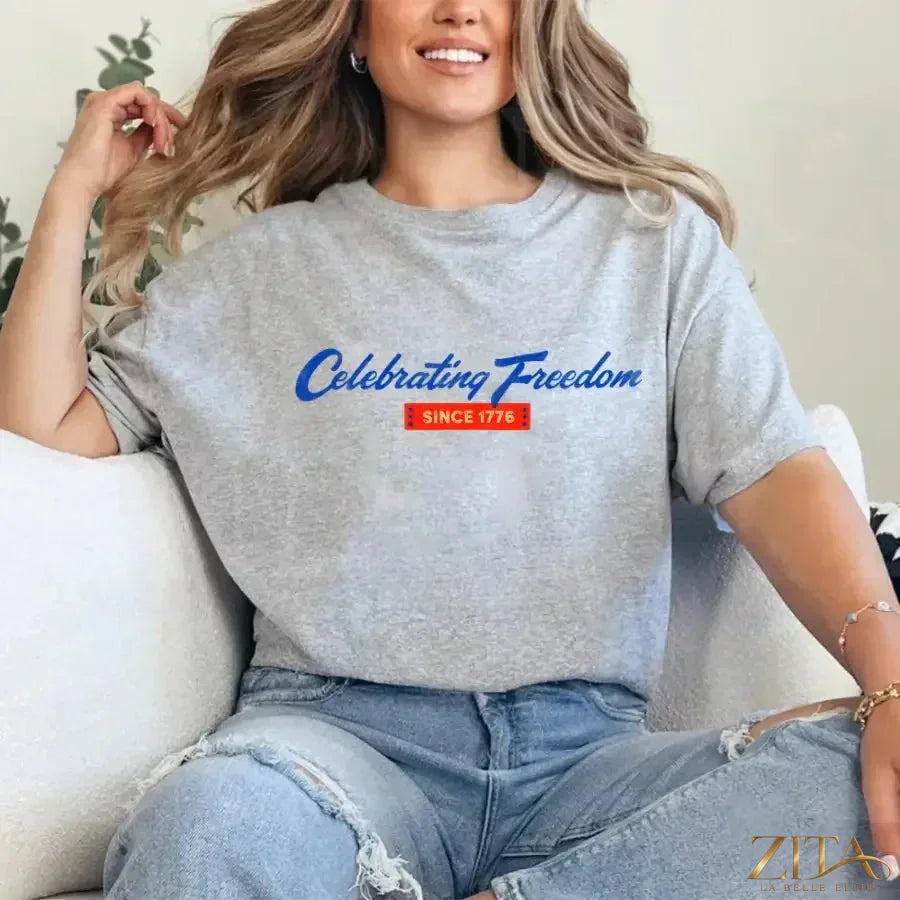 Grey 4th of July T-Shirt by Zita La Belle Elite featuring patriotic designs celebrating freedom since 1776.
