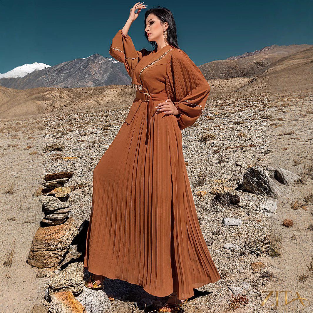 Zita La Belle Elite hand-beaded V-neck pleated maxi gown with bubble sleeves and crystal embellishments, elegant evening dress.