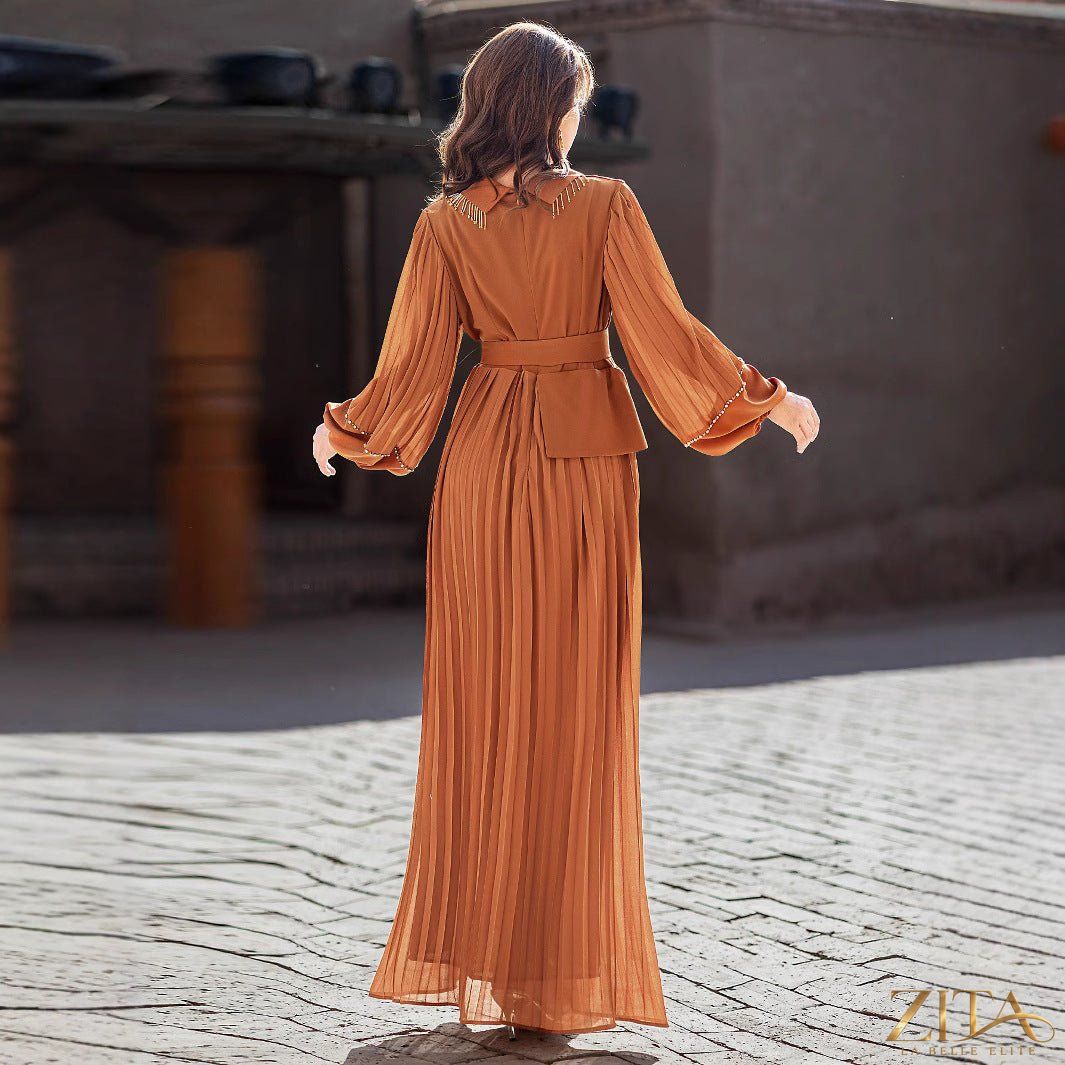 Zita La Belle Elite hand-beaded V-neck pleated maxi gown with bubble sleeves and crystal embellishments, elegant evening dress.