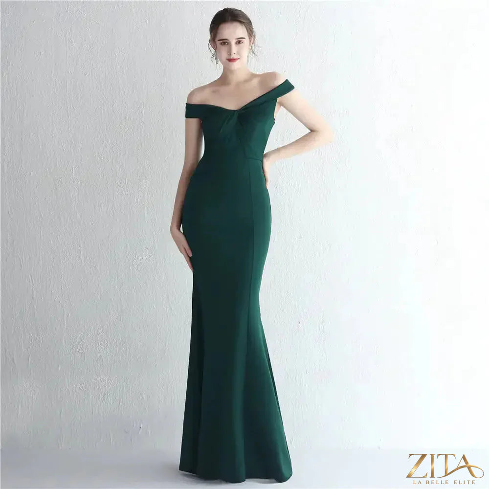 Slim-fit off-shoulder long evening dress for women by Zita La Belle Elite, featuring elegant design and fitted silhouette.