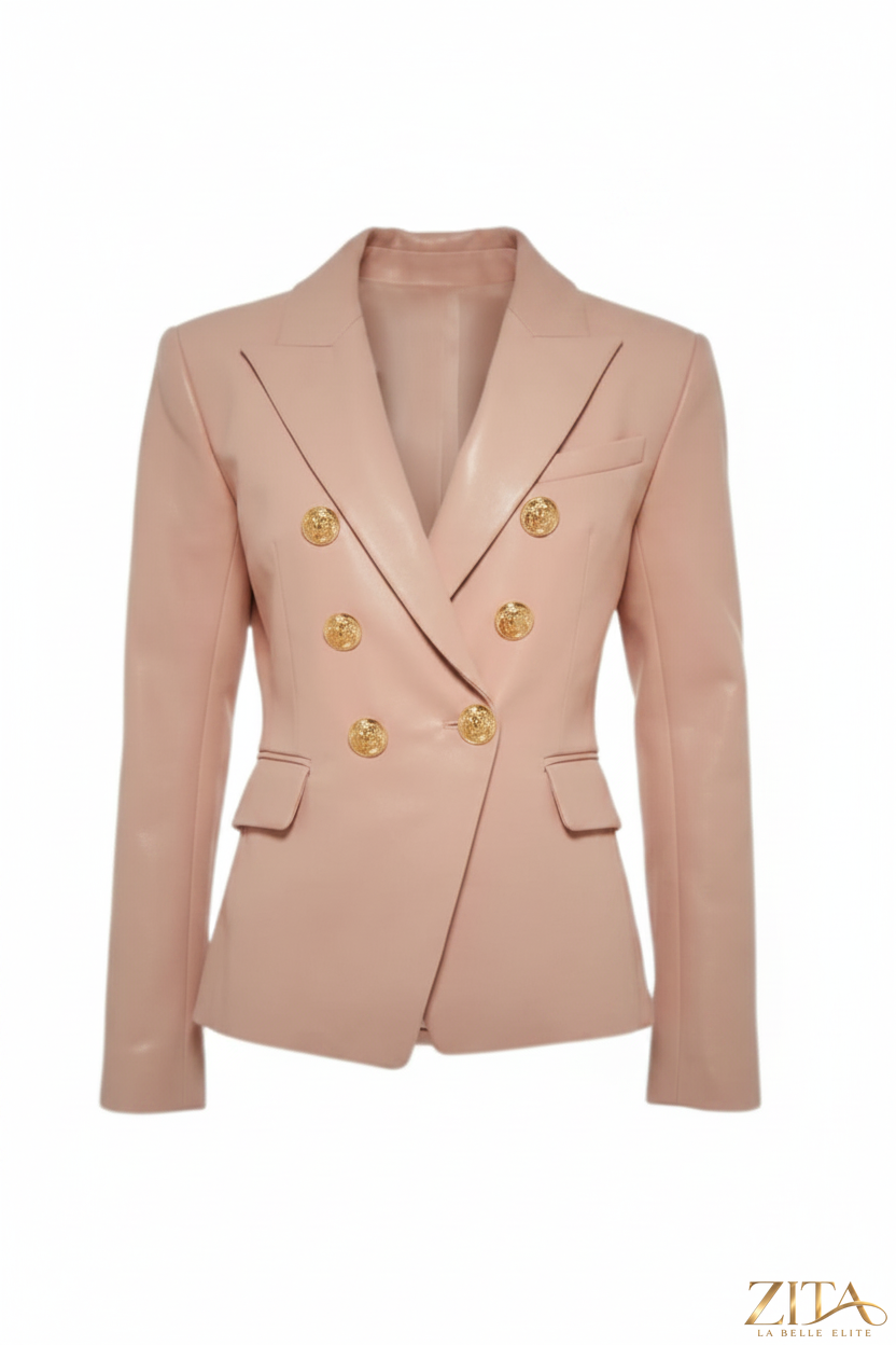 Blush pink gold-button double-breasted blazer by Zita La Belle Elite, shown hanging with lapels and gold buttons visible.