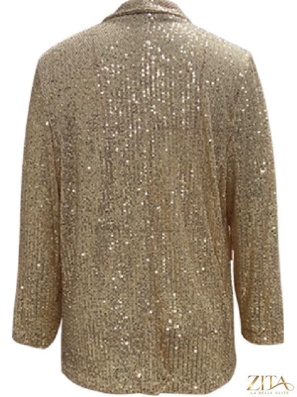 Women's sequined blazer by Zita La Belle Elite with long sleeves, lapel collar, in multiple colors, styled as a fashionable dress.