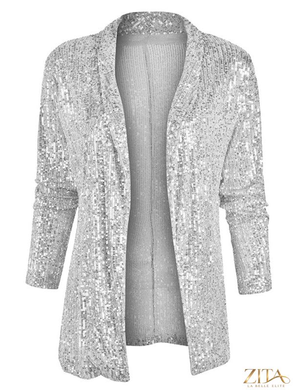 Women's sequined blazer by Zita La Belle Elite, long sleeve dress with lapel collar in multiple colors, styled for formal or evening wear.