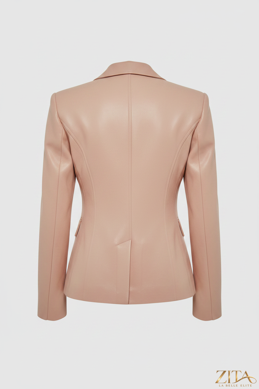 Blush pink Zita La Belle Elite double-breasted blazer with gold buttons, tailored fit, and lapel collar.