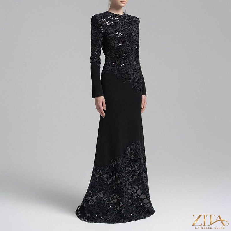 Elegant vintage lace embroidered mermaid gown with intricate embroidery and a fitted fishtail design, by Zita La Belle Elite.