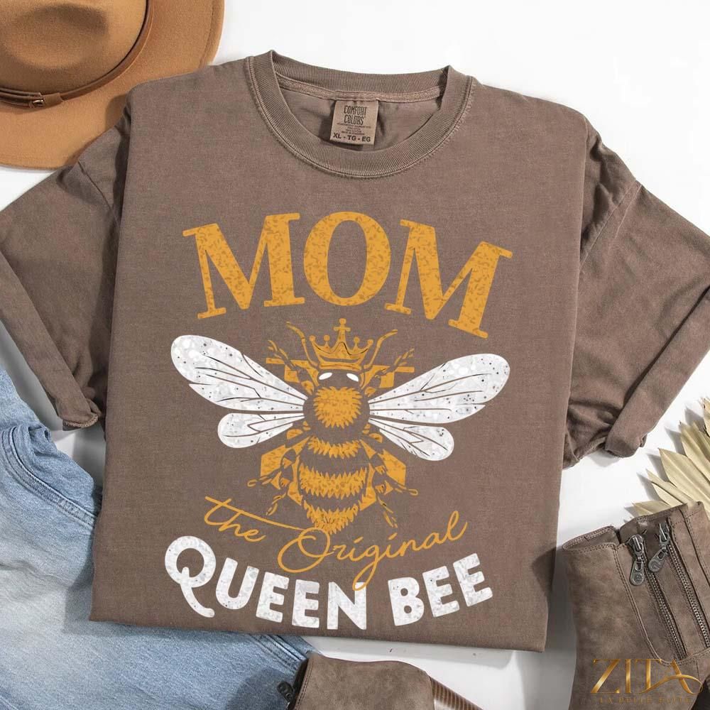Zita La Belle Elite women's T-shirt featuring "Mom, The Original Queen Bee" design, stylish and fun Mother's Day tee.